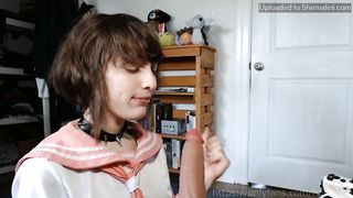 Hootie Hoo Femboy Schoolgirl Gives A Blowjob To His Toy