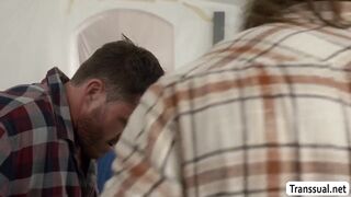 Two house carpenter fuck the ass of horny TS